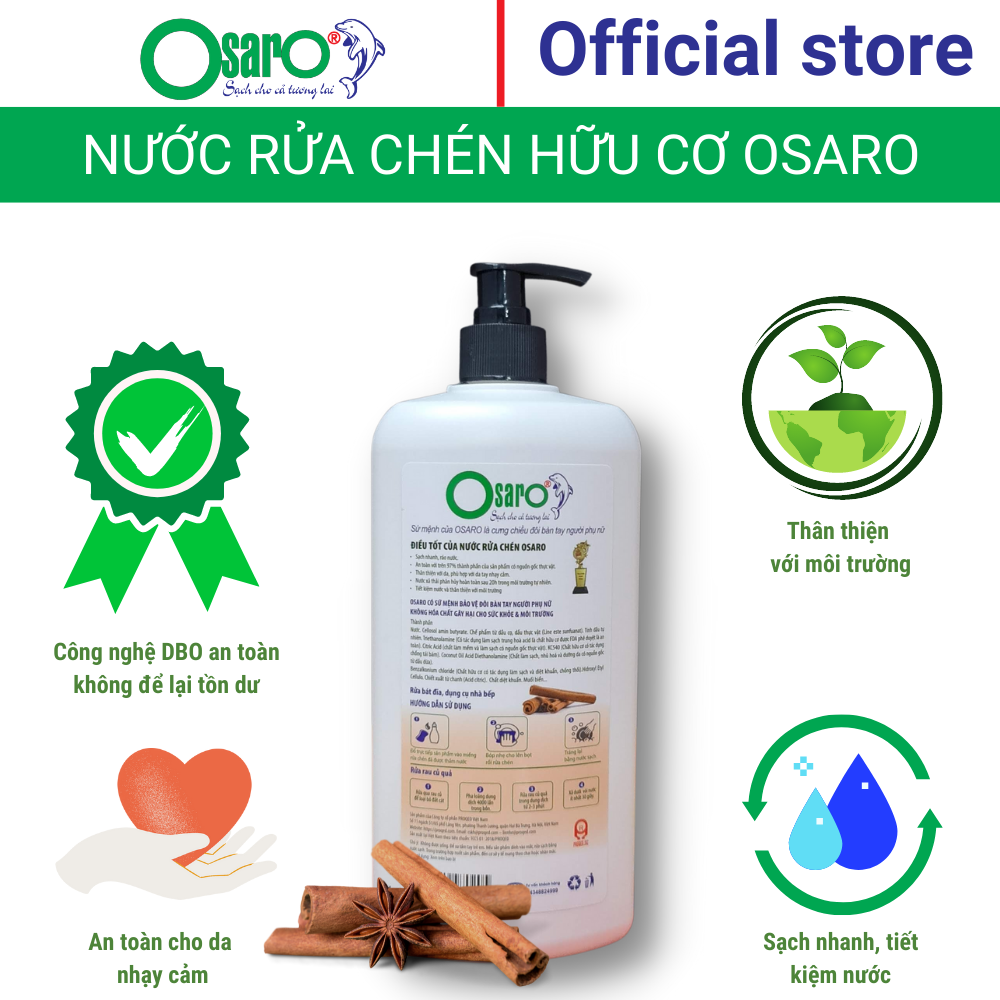 Nước rửa chén hữu cơ OSARO 1l tinh dầu Quế