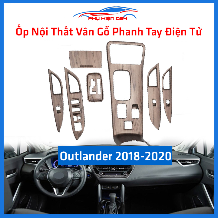 Ốp nội thất ô tô Outlander 2018-2020 Phanh Tay Điện Tử vân gỗ, ốp trang trí, bảo vệ khu cần số, tay nắm cửa xe hơi