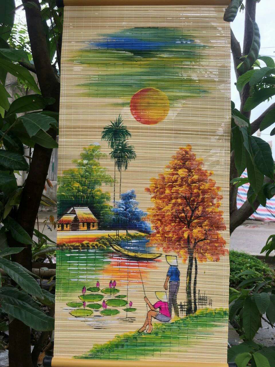 Mành tre mini vẽ tranh trang trí tết