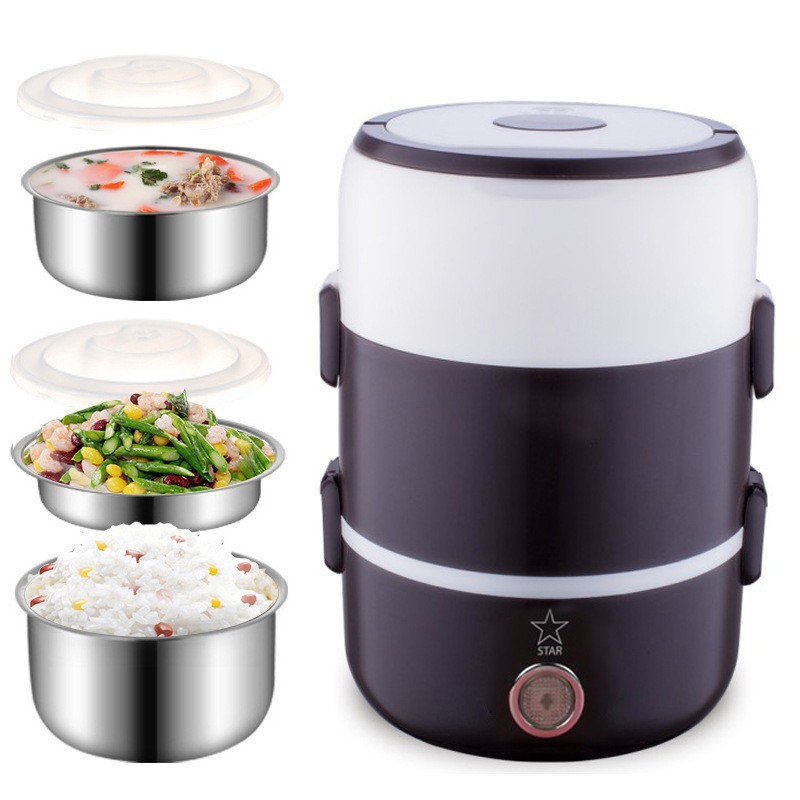 Cặp lồng ủ cơm 3 tầng inox cắm điện, hộp cơm văn phòng, nồi cơm điện mini, hộp giữ nhiệt hâm hấp nấu luộc ba ngăn đựng thông minh ruột inox 304 an toàn cho người sử dụng.