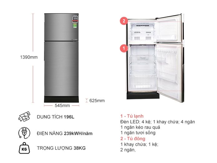 Tủ lạnh Sharp Inverter SJ-X201E-DS (196L)