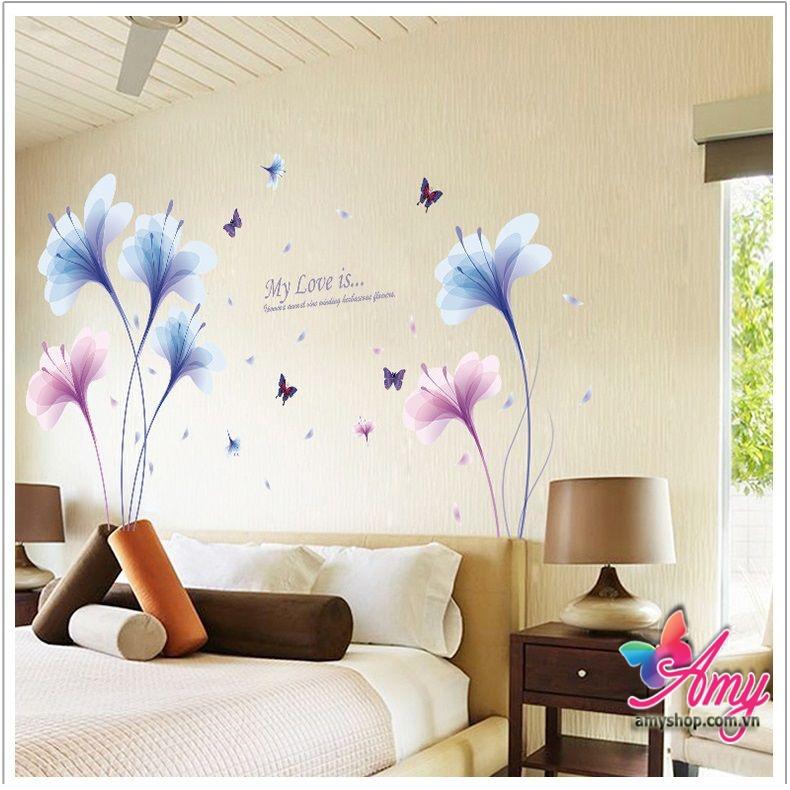 decal dán  tường hoa pha lê tím xanh