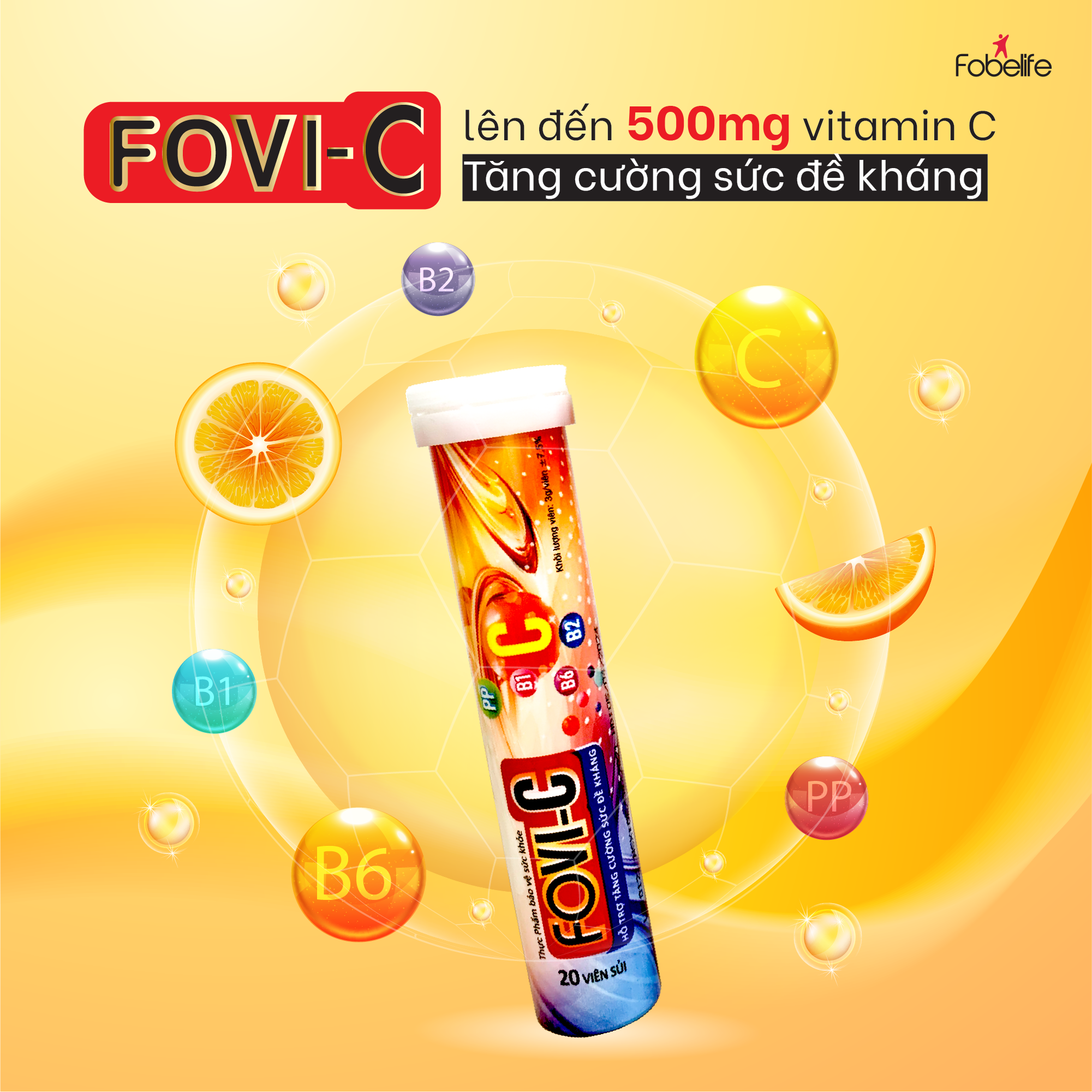 Viên Sủi Bổ Sung Đến 500mg Vitamin C Fovi-C Bổ Sung, Tăng Sức Đề Kháng - Tuýp 20 viên