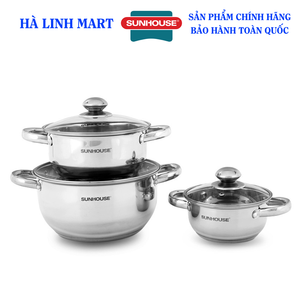 Bộ nồi inox 3 đáy Sunhouse SH334, Bộ nồi inox Sunhouse, Bộ nồi dùng bếp từ, Nồi inox Sunhouse size 16cm ,20cm, 24cm, Kiểu dáng hiện đại, Vung kính cường lực chắc chắn, chất liệu inox cao cấp, dùng được với mọi loại bếp