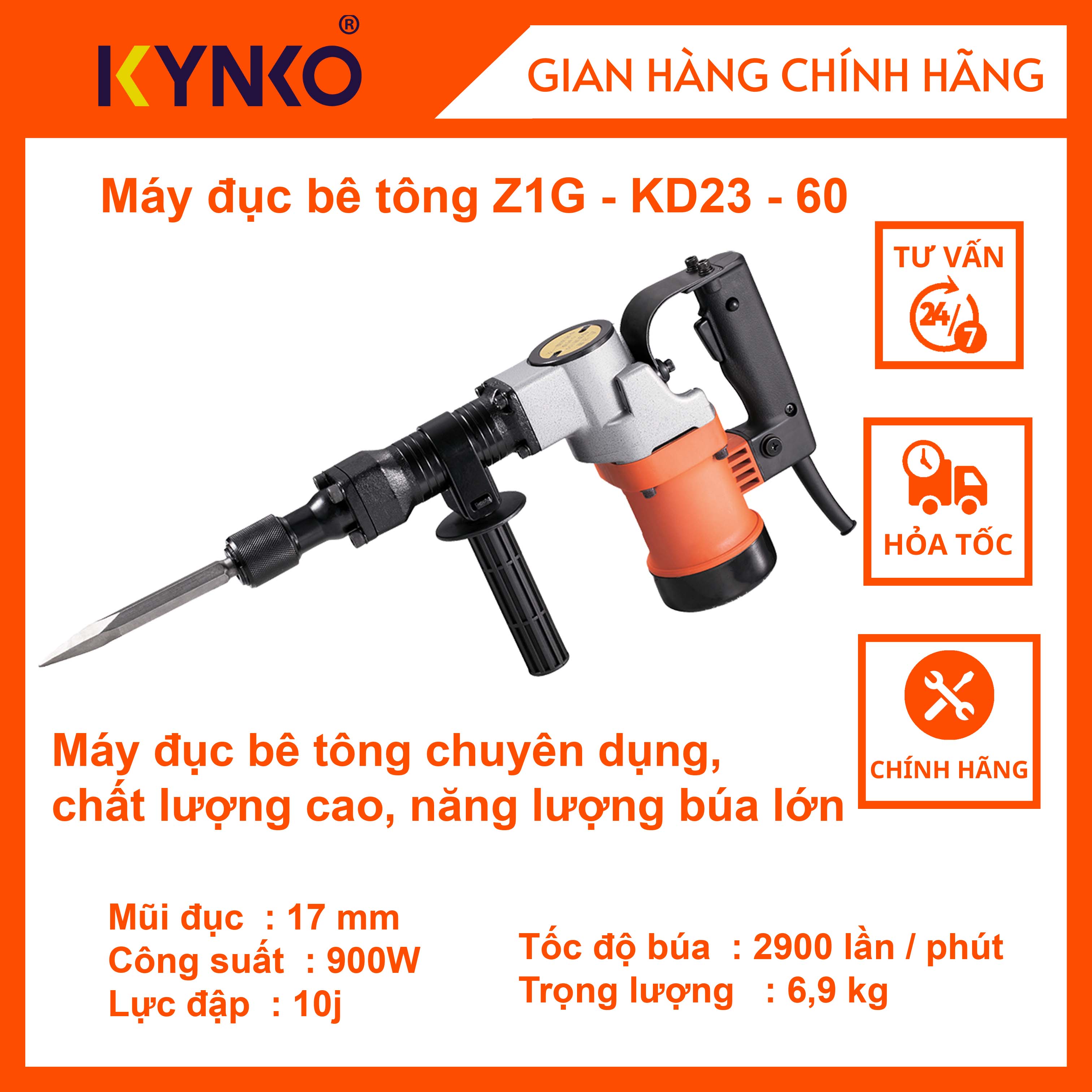 Đục phá bê tông Kynko 0810 Z1G-  KD23  -60 (cam) cầm tay chính hãng khỏe giá tốt