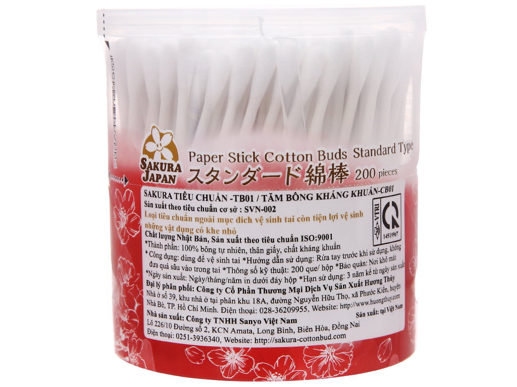 Tăm bông kháng khuẩn thân giấy Sakura (Tiêu chuẩn Nhật Bản) 2 đầu tròn cho người lớn TB01 (200 Que)