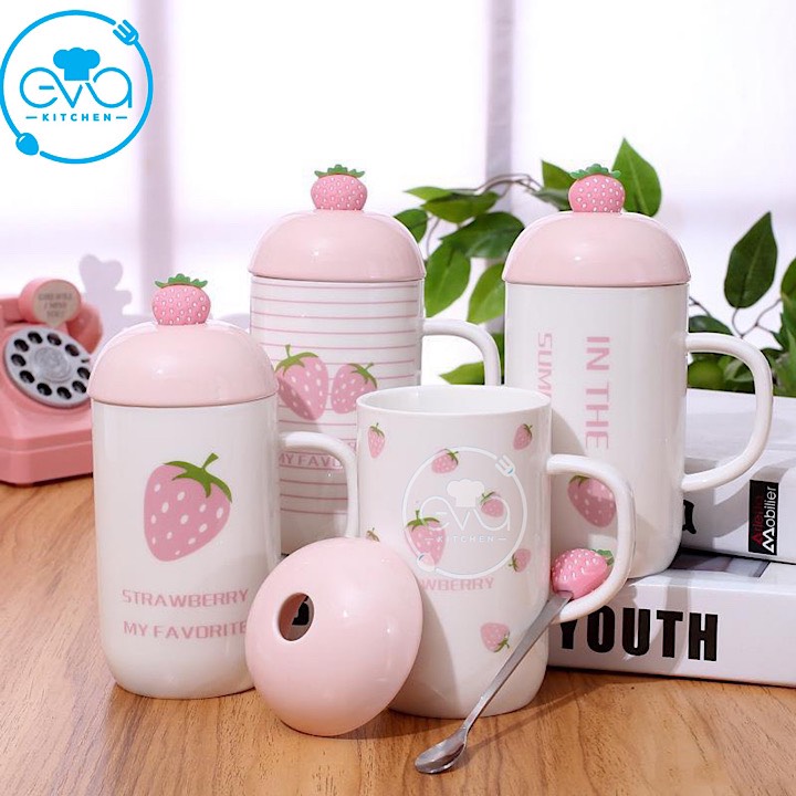 [HCM]Bộ Ly Cốc Sứ Kèm Muỗng Dâu Tây Strawberry Đáng Yêu M2644