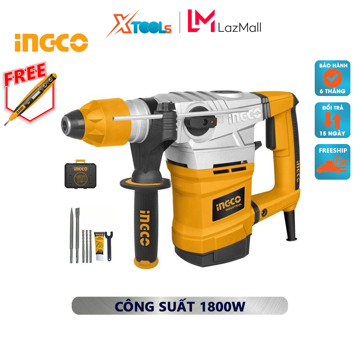 Hammer drill machine 1800W ingco RH18008 | machine drilling force beating 7J, no-load speed 850 rpm/min, speed beating 4200 times/minute drill chisel breaking wall, concrete, hard material
