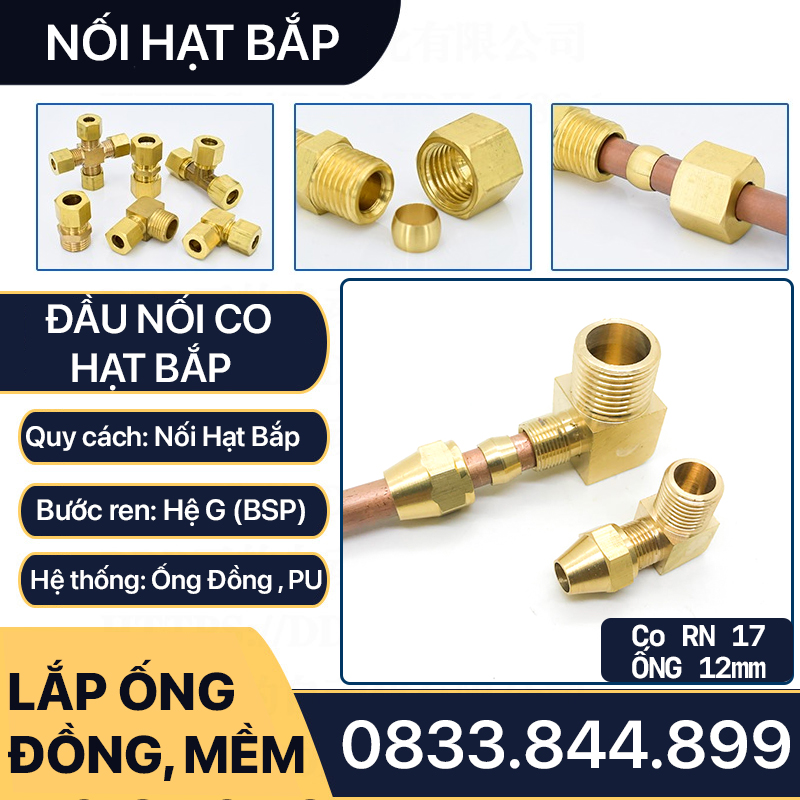 Co Hạt Bắp, Bộ Co Ren Ngoài 3/8 (17) Hạt Bắp Nối Ống 6 8 10 12mm - Brass Compression Fitting Elbow