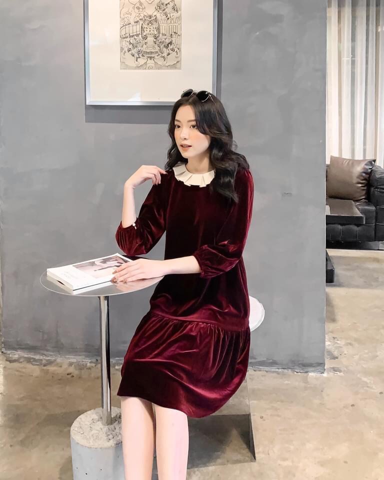 Váy nhung đuôi cá cao cấp phối cổ siêu đẹp