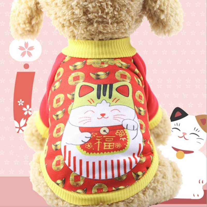 Áo tết dành cho chó mèo, áo nỉ in hình mèo thần tài RA03