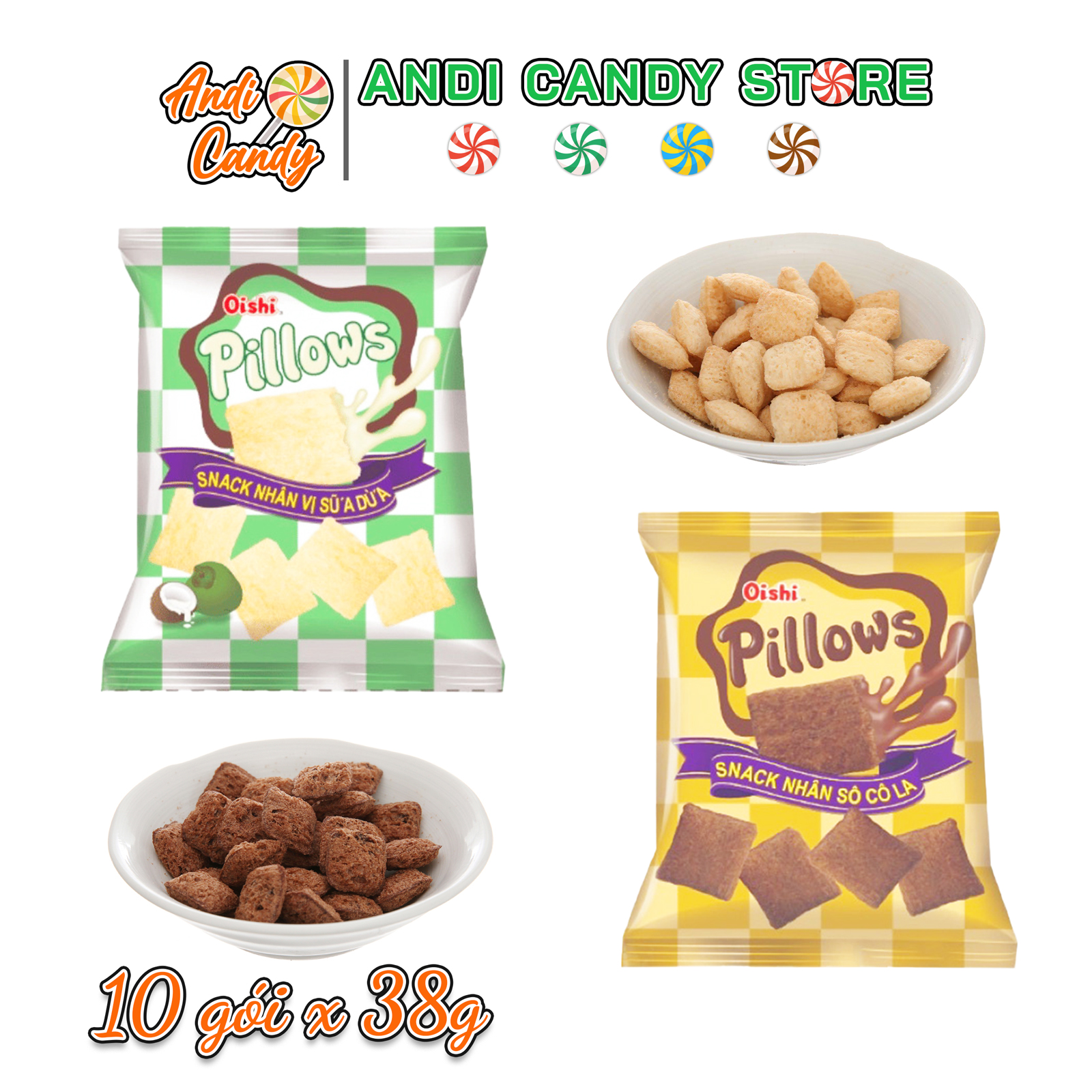 10 Gói Bánh Snack Có Nhân Oishi Pillows 45gr
