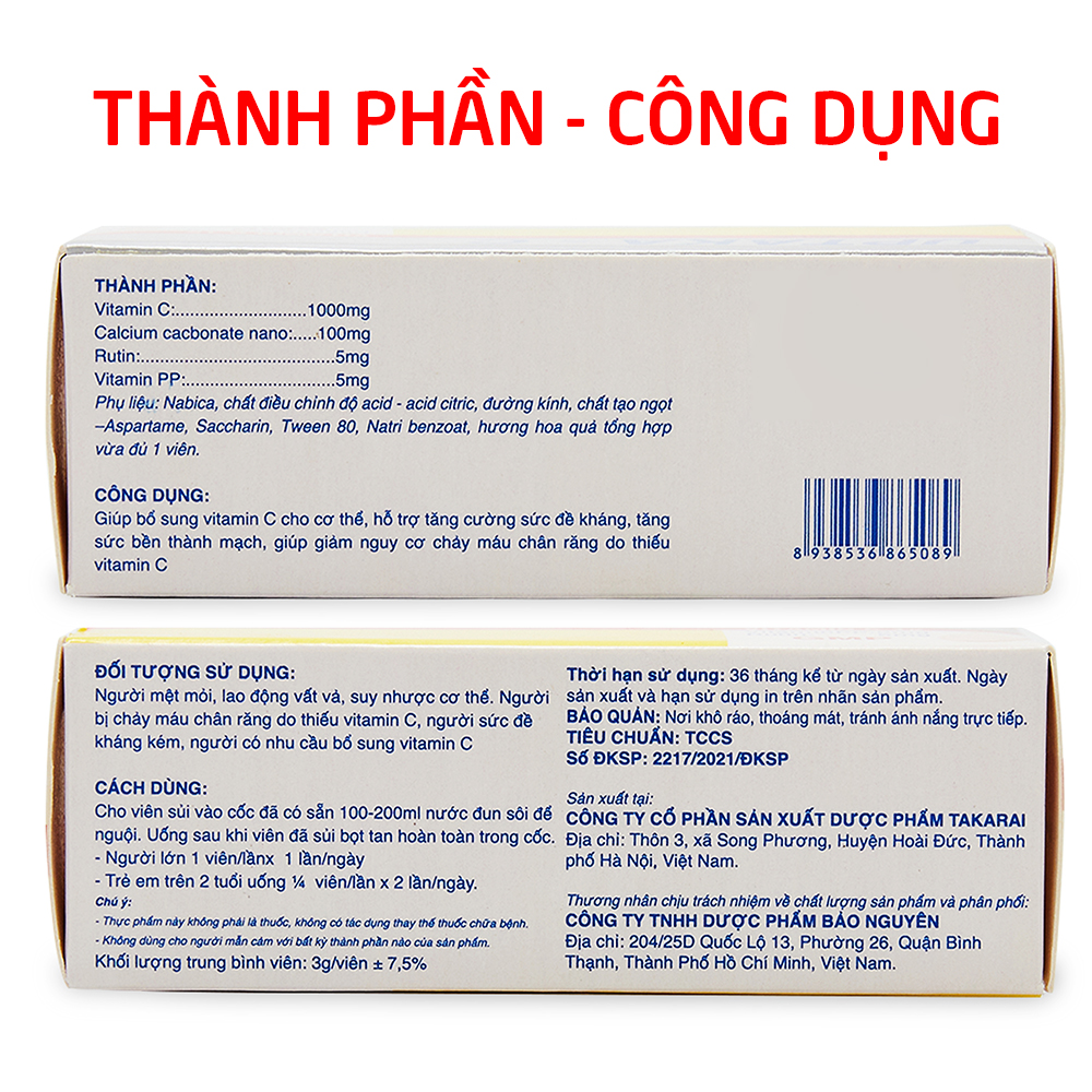 Viên C sủi vitamin C 1000mg UPTAKA C tăng sức đề kháng, tăng sức khỏe - Hộp 10 viên