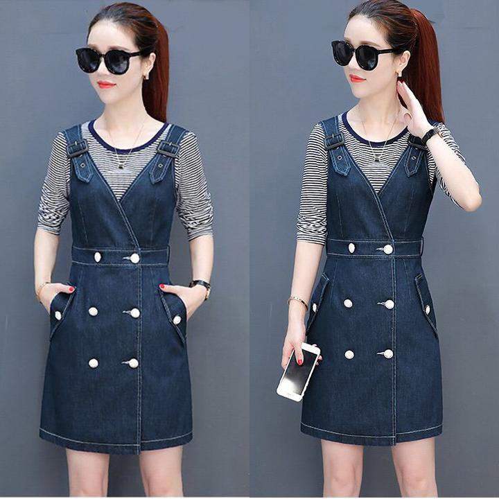 [HCM]Đầm Yếm Jean Nữ Duyên Dáng Phối Nút