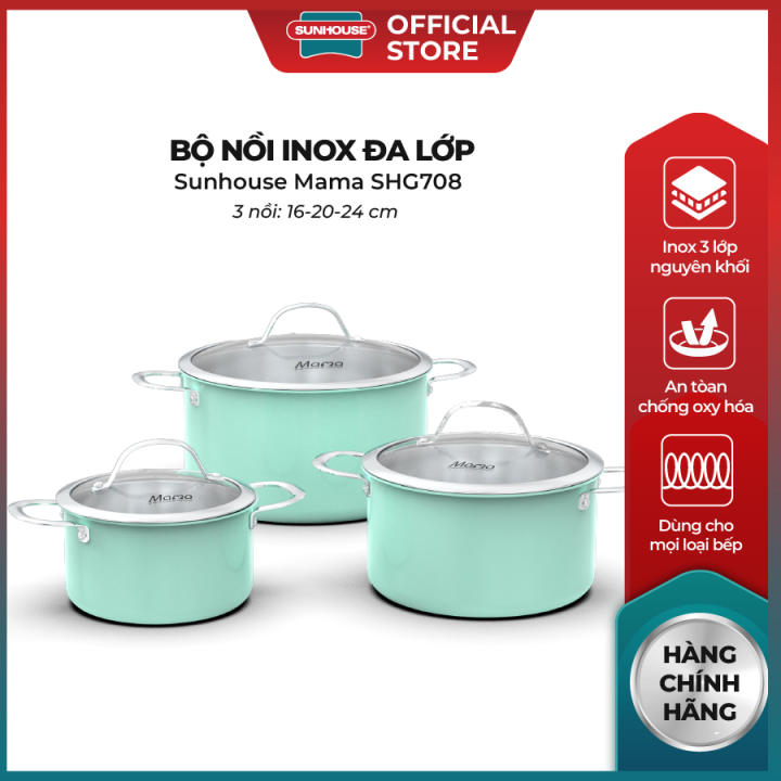 Bộ nồi inox đa lớp Sunhouse Mama SHG708 - 16/20/24cm - 3 lớp nguyên khối - An toàn chống oxy hóa - Dùng mọi loại bếp - Hình ảnh 3