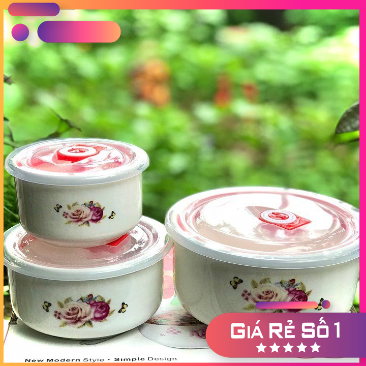 Bộ 3 bát sứ có nắp chân không bảo quản thực phẩm, Bộ 3 Bát Sứ Hút Chân Không Cao Cấp, Gốm sứ men ngọc bền đẹp, hoa văn trang nhã.