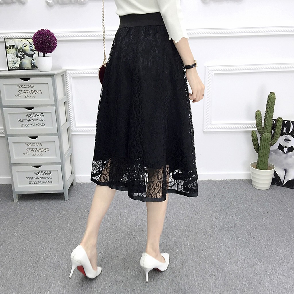 Chân váy xoè bằng ren hoa đến gối