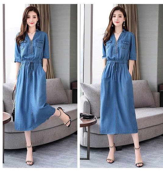ĐẦM JEAN CỔ SƠ MI 2 TÚI