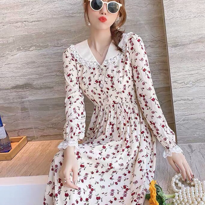 Đầm hoa tay dài phối cổ ren-MTB#damnu