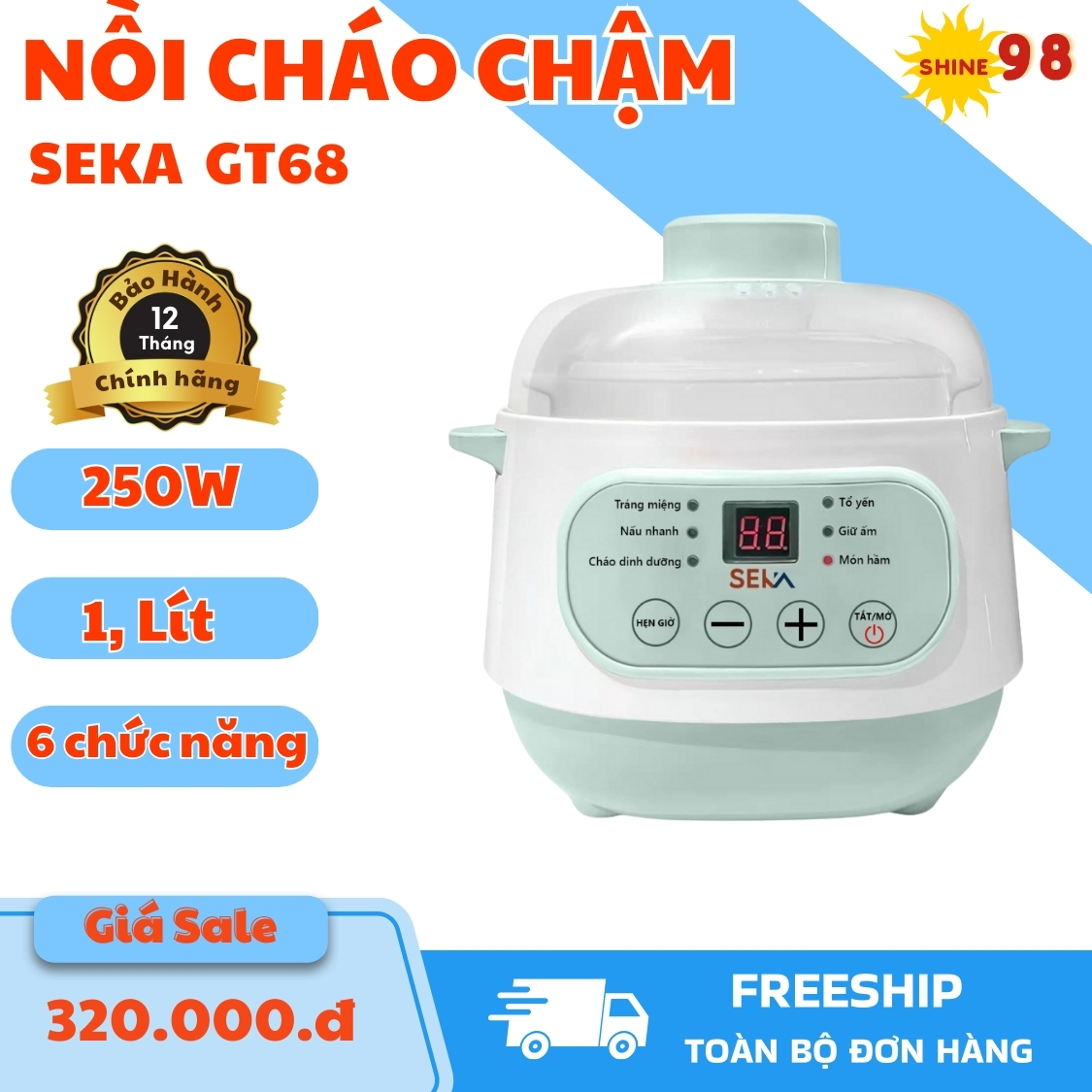 Nồi nấu cháo chậm Seka GT68 cho bé ăn dặm - Nồi hầm đa năng ninh, hầm, cách thủy, nấu cháo cho bé ăn dặm, chưng yến tiện lợi Nồi nấu Seka GT68 1 lít Tại Shine 98