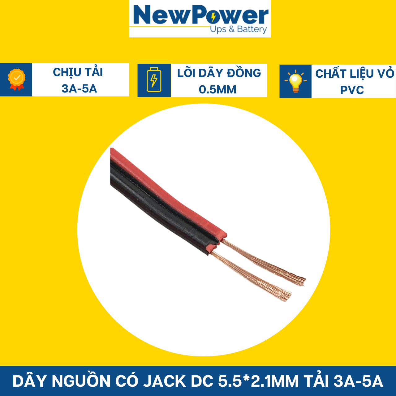 Dây nguồn có jack DC 5.5 chịu tải 3-5A (dây đực)