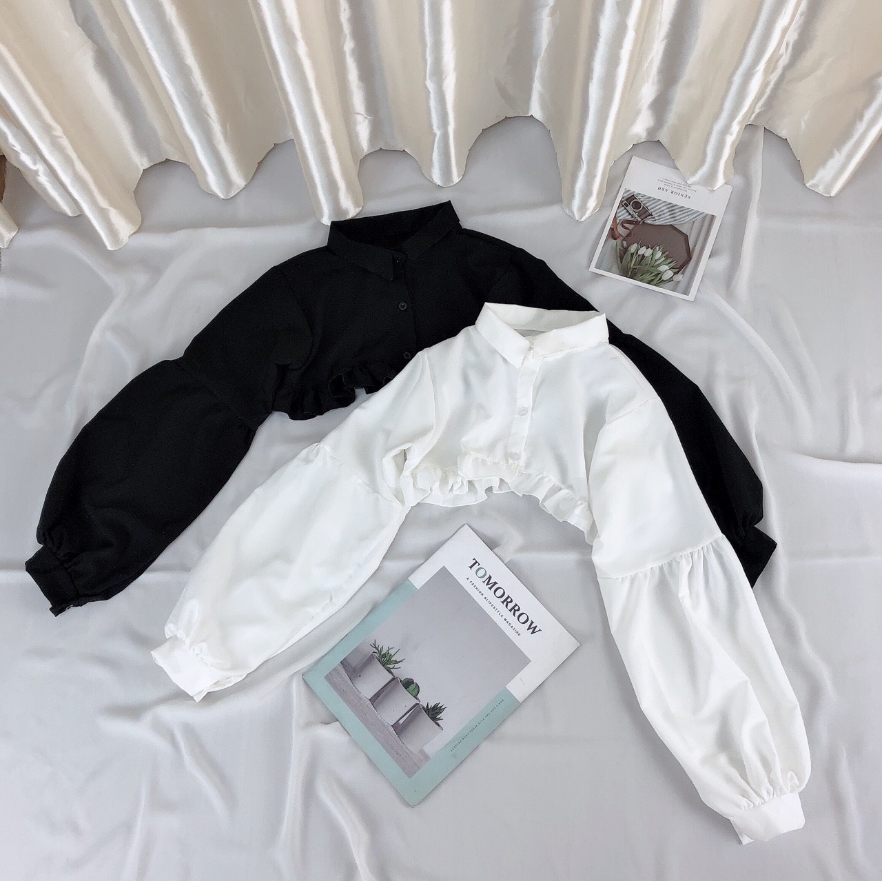 ( KHÔNG KÈM ĐẦM) TU - ÁO SƠ MI CROPTOP LAI BÈO TRẮNG ĐEN TAY PHỒNG DÀI FORM TO MÙA HÈ TU[Trendy 2023]