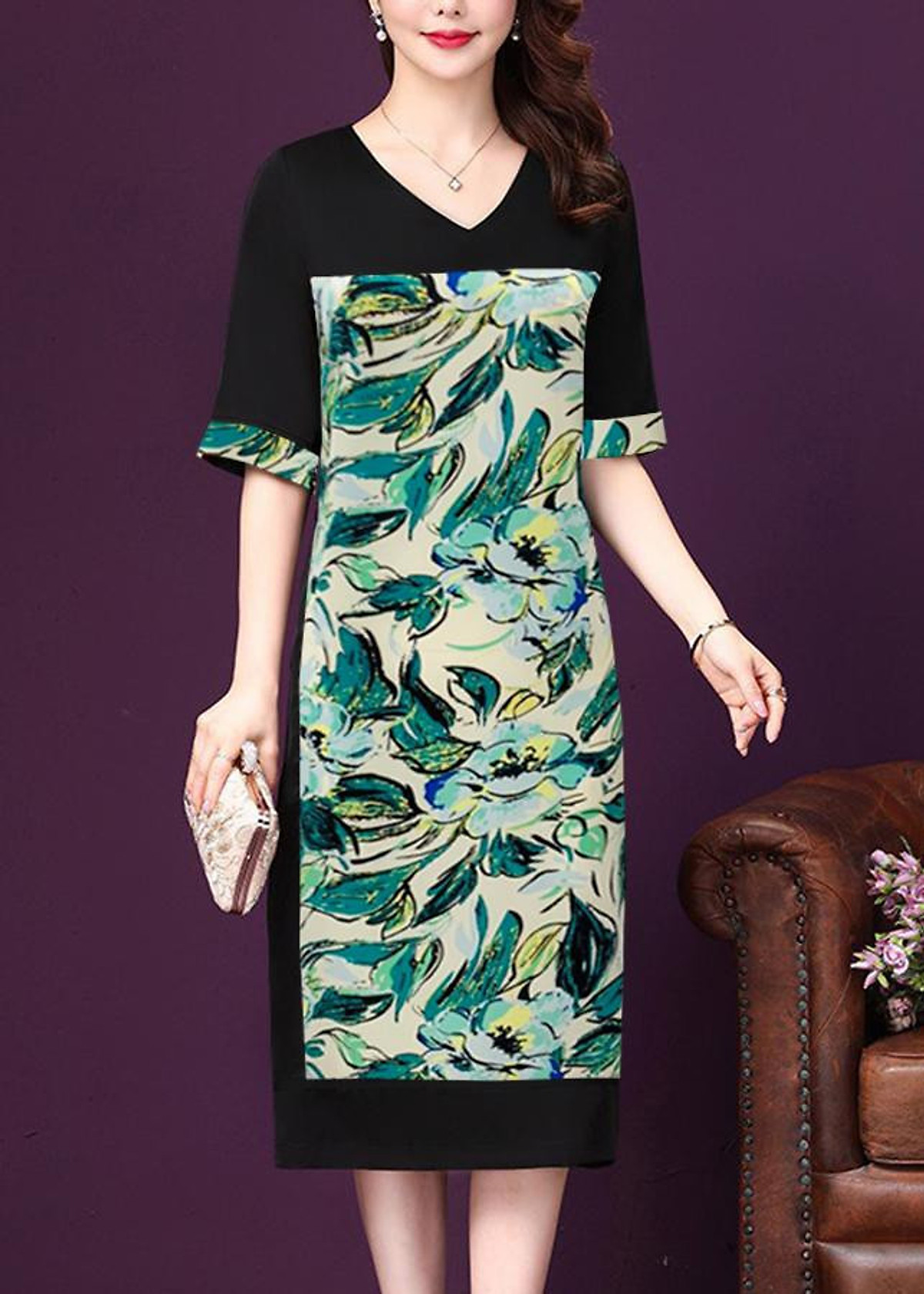 Đầm Jessy - Đầm lụa dáng suông, tay bồng nhẹ, mảng màu phối kết hợp th –  Helen Boutique