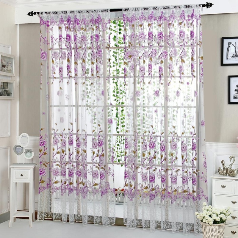 1pcs 1pc Peony Curtain Living Room Bedroom Home Door Window Curtain(Purple)(Note:you may need 2pcs)