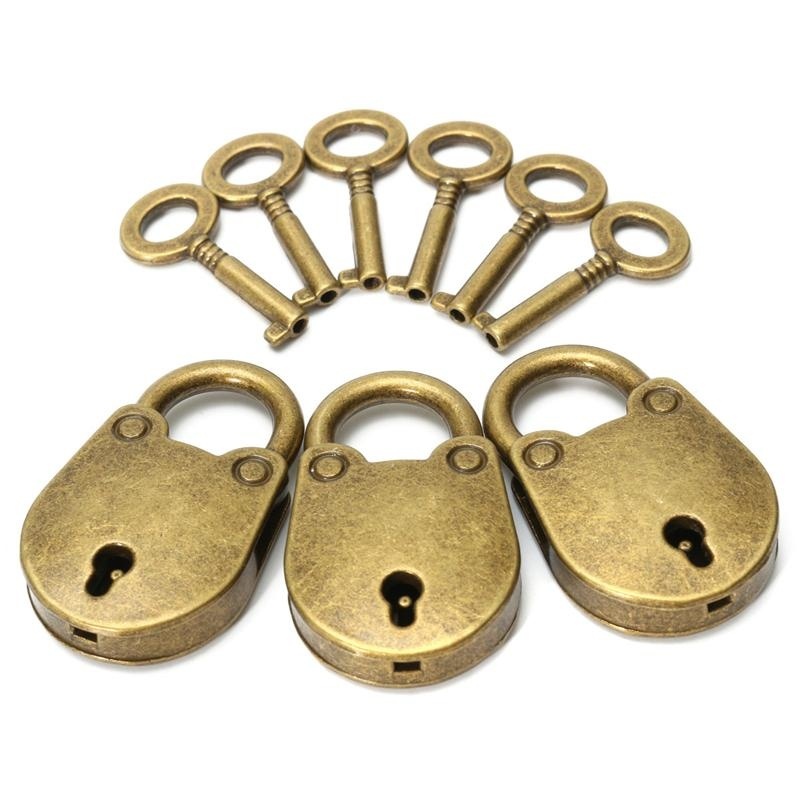 3pcs Vintage Antique Lock Padlock brass With 6 Keys Retro Small Luggage Box - intl