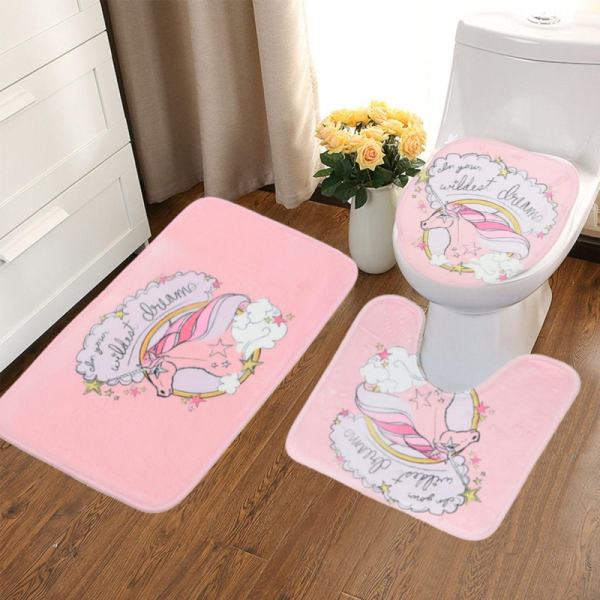 3Pcs/Set Bathroom Non-Slip Pink Horse Pedestal Rug+Lid Toilet Cover+Bath Mat Carpet Shower Pink - intl