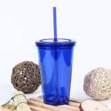 500mL Plastic Drinks Cup Liquid Beaker Lid + Straw for Party Iced Coffee Juice Blue - intl