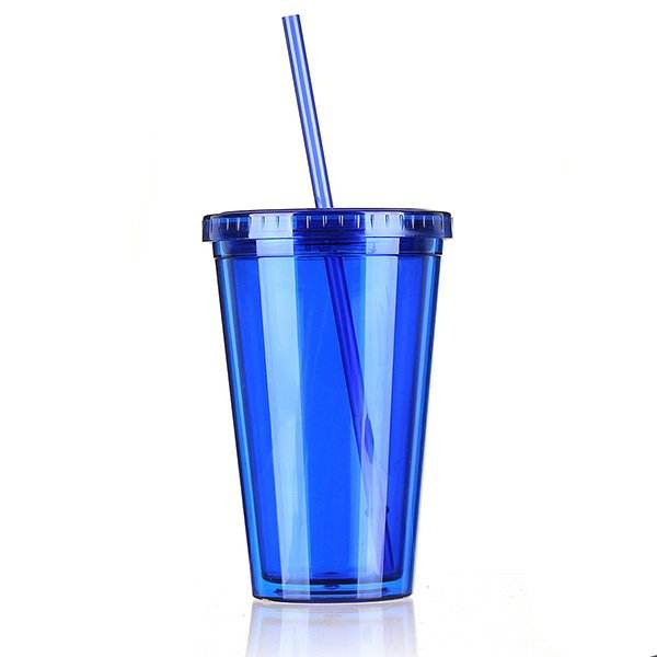 500mL Plastic Drinks Cup Liquid Beaker Lid + Straw for Party Iced Coffee Juice Blue - intl