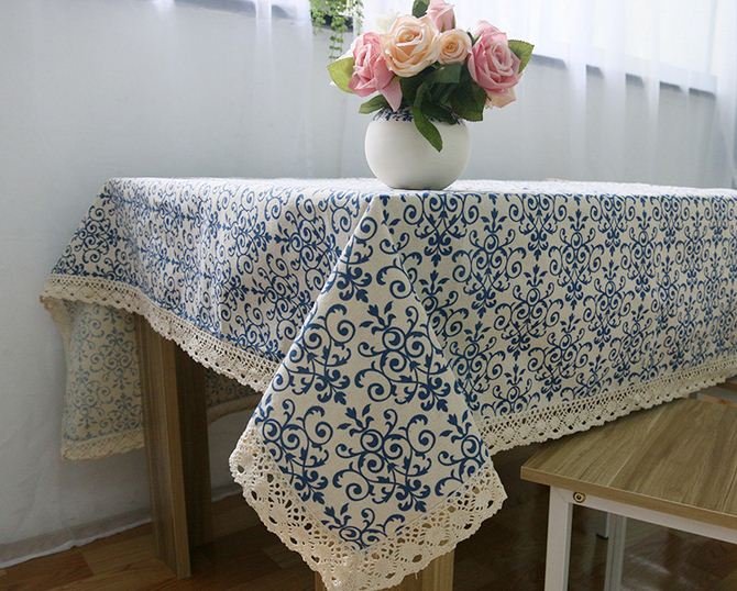 90*90cm Table Cloth with Lace Cotton Print Chinese Style Rectangular Dinning Tablecloths Cover Home Decor - intl