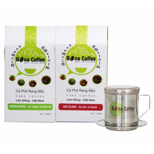 Bộ 2 Cà phê rang xay Bona Coffee (Red Blend + Green Blend) + 1 Phin inox