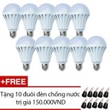 Bộ 10 bóng Đèn LED búp thông minh tự sáng khi cúp điện Smart bulb 9W + Tặng 10 đuôi đèn chống nước