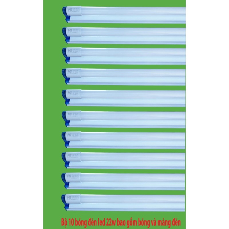 Bộ 10 Bóng đèn led Tuýp thủy tinh 22W 1,2m, ánh sáng trắng+ 10 Máng đèn led tuýp 1.2m