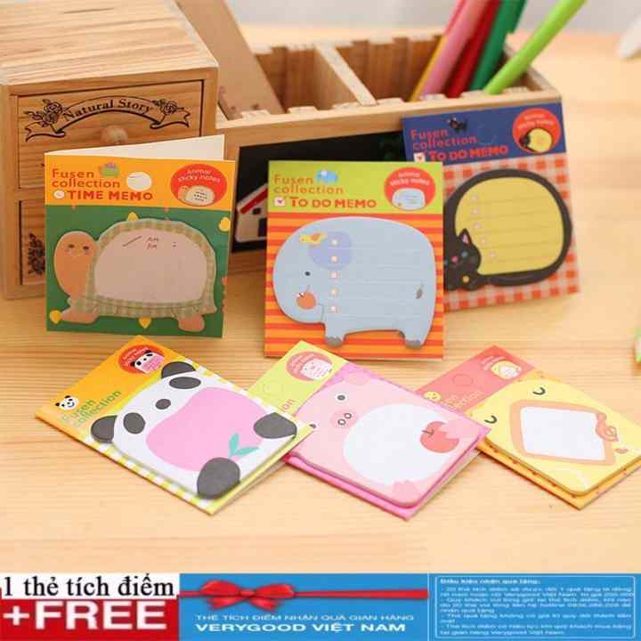 Bộ 10 tệp giấy nhớ, giấy note hình thú ngộ nghĩnh + Tặng kèm thẻ tích điểm Verygood