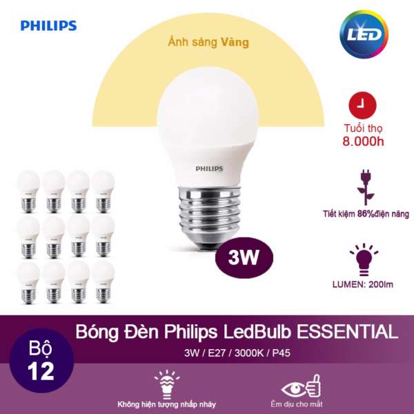 (Bộ 12) Bóng đèn Philips LED ESS LEDBulb 3W 3000K đuôi E27 230V P45 - Ánh sáng vàng