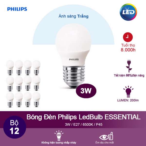 (Bộ 12) Bóng đèn Philips LED ESS LEDBulb 3W 6500K đuôi E27 230V P45 - Ánh sáng trắng