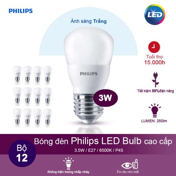 (Bộ 12) Bóng đèn Philips LEDBulb 3W 6500K đuôi E27 230V P45 - Ánh sáng trắng