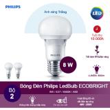 (Bộ 2) Bóng đèn Philips Ecobright LEDBulb 8W 6500K đuôi E27 A60 - Ánh sáng trắng