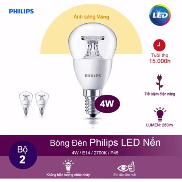 (Bộ 2) Bóng đèn Philips LED Nến 4W 2700K đuôi E14 230V P45 - Ánh sáng vàng