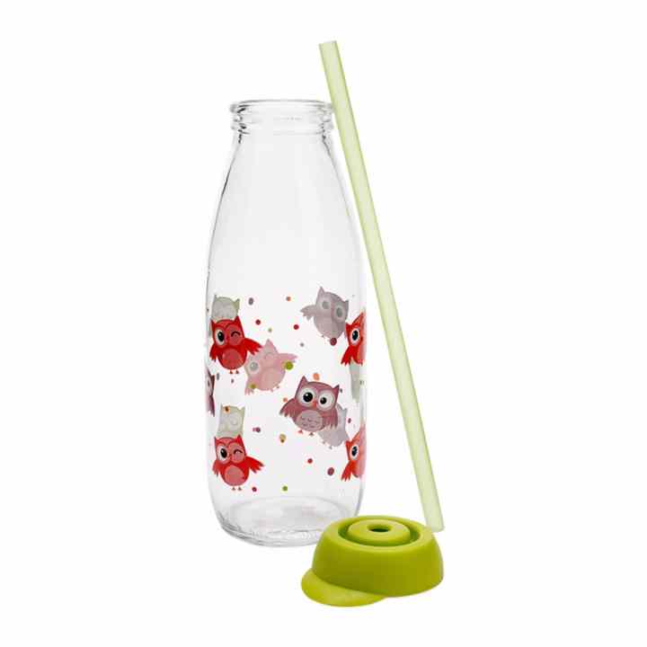 Bộ 2 Chai Đựng Sữa Tươi Thủy Tinh Kèm Ống Hút Herevin 111714 500ml (Chim Cú, Khủng Long)