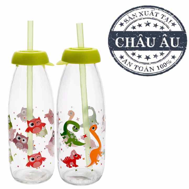 Bộ 2 Chai Đựng Sữa Tươi Thủy Tinh Kèm Ống Hút Herevin 111714 500ml (Chim Cú, Khủng Long)