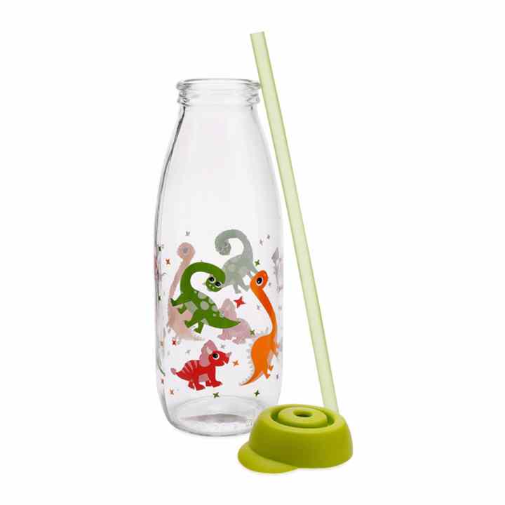 Bộ 2 Chai Đựng Sữa Tươi Thủy Tinh Kèm Ống Hút Herevin 111714 500ml (Chim Cú, Khủng Long)