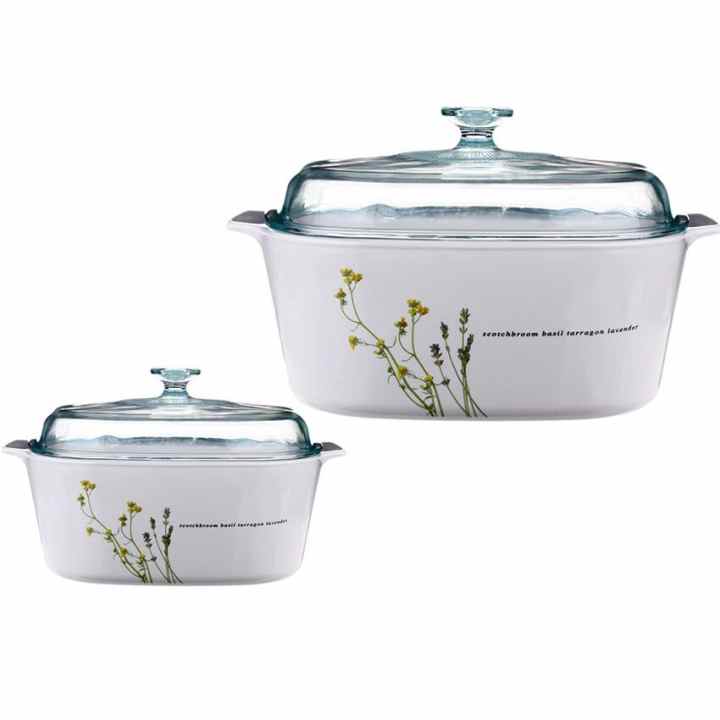 Bộ 2 nồi thuỷ tinh vuông Corningware A-131-EH (Trắng hoa văn)