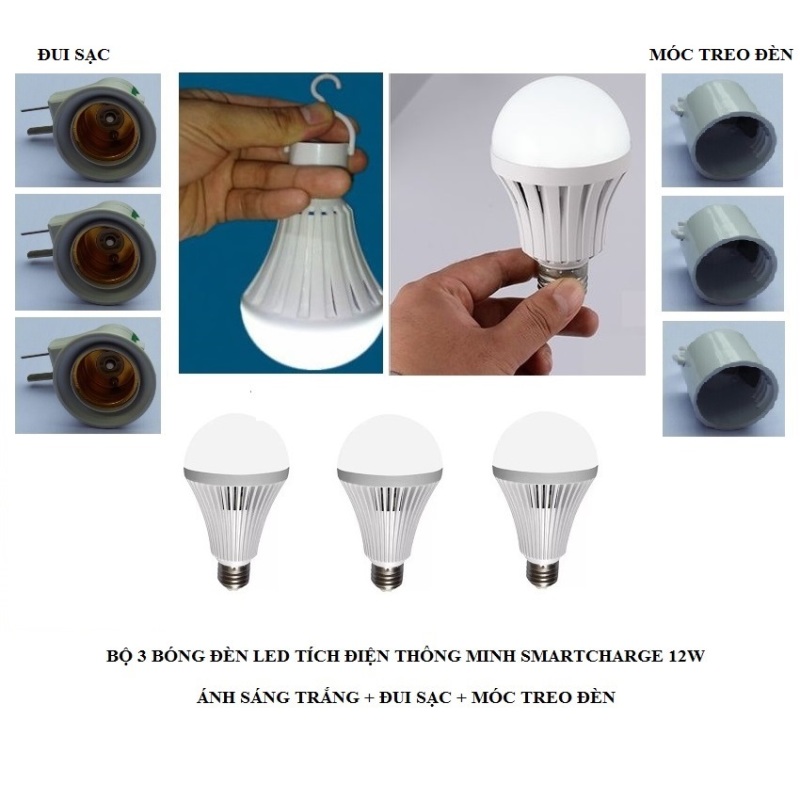 Bộ 3 bóng đèn tích điện thông minh SMARTCHARGE 12W (Ánh sáng trắng) + Đui sạc + Móc treo đèn