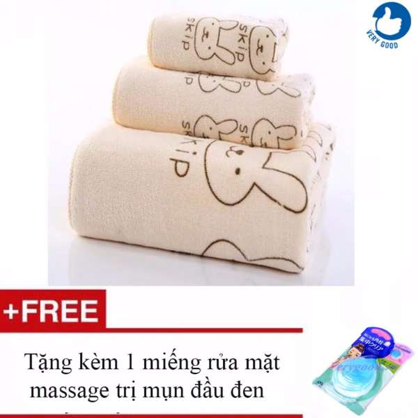 Bộ 3 khăn tắm - khăn mặt - khăn lau  + Tặng1 miếng rửa mặt massage trị mụn đầu đen (Vàng)