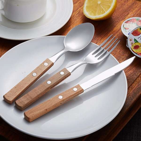 Bộ 3 nĩa - muỗng - dao bít tết Inox 304 cán gỗ - Onlycook - 20.2x1.5cm