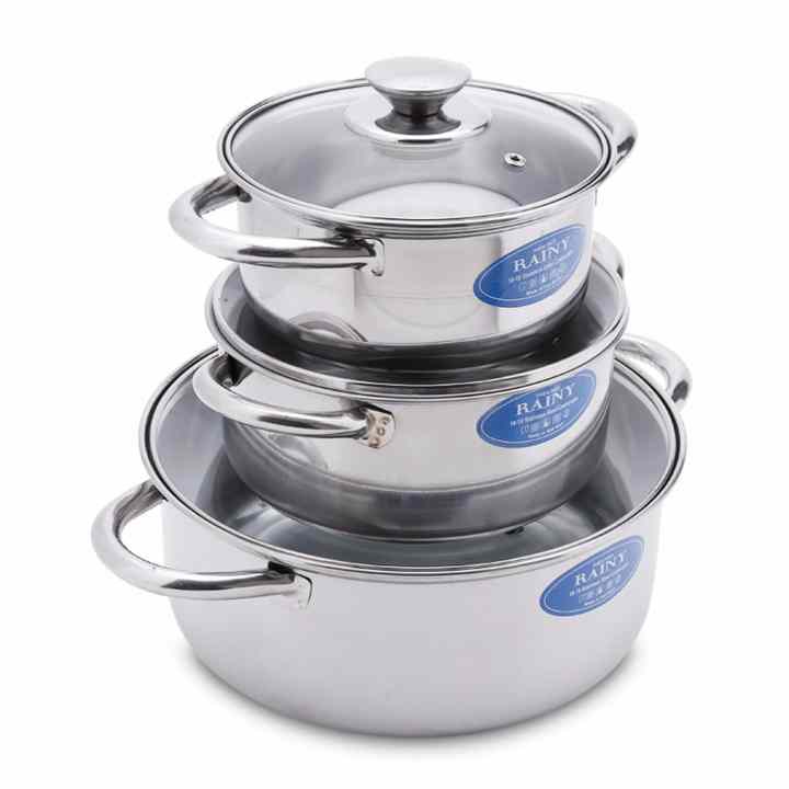 Bộ 3 nồi cao cấp 3 đáy Rainy nắp kính 18, 20 và 24 cm